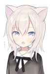  1girl animal_ears black_bow black_sweater blue_eyes bow capriccio cat_ears chestnut_mouth collared_shirt commentary_request grey_hair hair_between_eyes long_hair looking_at_viewer open_mouth original shirt simple_background solo sweater translation_request upper_body white_background white_shirt 