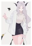  1girl aged_up black_skirt blue_archive border gehenna_academy_logo grey_hair highres hina_(blue_archive) horns kitaminami lab_coat long_sleeves low_wings purple_eyes simple_background skirt solo turtleneck white_border white_footwear wings 
