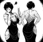  1girl ? absurdres alternate_costume anger_vein ass bandage_over_one_eye bandages breasts cleavage clothing_cutout commentary cup dress english_commentary glass glasses greyscale hands_on_own_hips highres holding holding_cup jujutsu_kaisen large_breasts monochrome muscular muscular_female round_eyewear scar short_hair solo strapless strapless_dress zen&#039;in_maki zovokia 