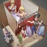  1boy 2girls aerith_gainsborough alternate_hairstyle bag blonde_hair blush braid casual clothes_hanger cloud_strife crossdressing dress dressing_room embarrassed final_fantasy final_fantasy_vii hair_bun handbag high-waist_pants high_heels long_hair long_skirt multiple_girls purple_dress ryouto skirt sleeveless spiked_hair tifa_lockhart twin_braids 