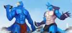 abs absurd_res aircraft anthro avian beak blue_body bulge canid canine city clothing destruction detailed_bulge duo falco_lombardi generation_4_pokemon genital_outline green_eyes helicopter hi_res lucario macro male mammal nintendo nipples non-mammal_nipples pecs pokemon pokemon_(species) red_eyes sea ship solutionwcs speedo spines star_fox swimwear tail togepi1125 vehicle water watercraft