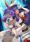  2girls absurdres animal_ears breasts dark-skinned_female dark_skin earrings elbow_gloves facial_mark fate/grand_order fate_(series) flower gloves hair_flower hair_ornament hassan_of_serenity_(fate) hat highres hoop_earrings jewelry locked_arms long_hair lostroom_outfit_(fate) medium_breasts midriff multiple_girls nishimura_eri nitocris_(fate) poison_apple purple_eyes purple_hair skirt sparkle 