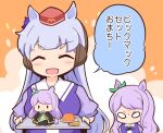  2girls :i angry animal_ears blank_eyes bow bowtie character_doll chibi ear_bow gold_ship_(umamusume) gold_trim gomashio_(goma_feet) green_bow hair_bow holding holding_tray horse_ears horse_girl horseshoe_ornament light_purple_hair long_hair mcdonald&#039;s mejiro_mcqueen_(umamusume) multiple_girls pillbox_hat plump puffy_short_sleeves puffy_sleeves pun purple_bow purple_hair purple_neckwear purple_shirt sailor_collar sailor_shirt school_uniform shirt short_sleeves stuffed_toy tracen_school_uniform tray umamusume 