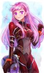  1girl bangs breasts fiona_(zoids_wild_zero) flying helmet holding holding_hair holding_helmet long_hair looking_at_viewer mecha parted_lips pilot_suit pink_hair purple_eyes science_fiction small_breasts sniptera solo uron_(user_mrcy4335) zoids zoids_wild_zero 