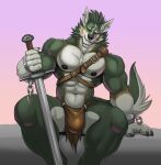 anthro bulge canid canine canis fur green_body green_fur green_hair hair hi_res link_(wolf_form) male mammal melee_weapon muscular muscular_anthro muscular_male nintendo simple_background solo sword tail the_legend_of_zelda twilight_princess vexedlupine weapon
