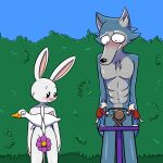 2023 abs anthro athletic athletic_male beastars blush canid canine canis chest_tuft convenient_censorship crotch_tuft domestic_rabbit duo dwarf_rabbit embarrassed female fur grey_body grey_fur haru_(beastars) hi_res lagomorph larger_male legoshi_(beastars) leporid male mammal meme nipples nude_female nude_male oryctolagus outside public public_nudity rabbit size_difference smaller_female the_simpsons theenfman toony tuft white_body white_fur wolf