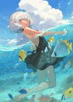  1girl air_bubble bangs bare_arms barefoot bob_cut bow bubble chorefuji cloud clownfish commentary_request day fish fish_request from_side grey_eyelashes grey_hair holom_(chorefuji) leg_up looking_at_viewer orange_eyes original parted_lips partially_submerged partially_underwater_shot regal_blue_tang short_hair sky soles solo swimming toes water_surface 