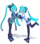  2girls absurdres ahoge alternate_costume android aqua_eyes aqua_hair aqua_necktie bare_shoulders black_sleeves black_thighhighs bright_pupils cable_hair cheri_zao commentary detached_sleeves dual_persona expressionless fang full_body glowing glowing_eyes hatsune_miku highres joints long_hair looking_at_viewer mechanical_parts miku_day miniskirt multiple_girls necktie number_tattoo open_mouth robot_girl robot_joints see-through see-through_skirt see-through_sleeves shirt simple_background skin_fang skirt sleeveless sleeveless_shirt smile standing tattoo thighhighs very_long_hair vocaloid white_background white_pupils 