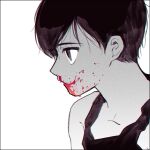  1boy black_eyes black_hair black_tank_top blood blood_on_face blood_on_mouth closed_mouth collarbone colored_skin expressionless from_side hair_behind_ear no_pupils omori omori_(omori) ryaa1234 short_hair solo tank_top white_background white_skin 