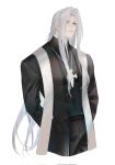  1boy alternate_costume alternate_universe arms_behind_back black_pants blue_eyes cassock clerical_collar cropped_legs cross cross_necklace final_fantasy final_fantasy_vii grey_hair highres jewelry light_smile long_bangs long_hair long_sleeves male_focus necklace pants parted_bangs priest sephiroth simple_background slit_pupils solo stole upper_body very_long_hair white_background xianyu314 