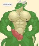 2_horns abs animal_genitalia anthro biceps bodily_fluids dragon genital_fluids genital_slit genitals green_body hi_res horn knot male muscular muscular_anthro muscular_male mythological_creature mythological_scalie mythology pecs penis precum ragner reachea scales scalie slit tail