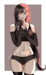  1girl absurdres arialla_draws ass_visible_through_thighs black_hair breasts elbow_gloves final_fantasy final_fantasy_vii final_fantasy_vii_remake fingerless_gloves gloves highres large_breasts long_hair looking_at_viewer low-tied_long_hair panties red_eyes solo sports_bra thigh_gap thighhighs thighs tifa_lockhart underwear underwear_only 