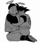  2boys closed_eyes closed_mouth commentary crying dougi dragon_ball facial_hair full_body grandpa_gohan greyscale halo hug kneeling llsuavej male_focus monochrome multiple_boys mustache old old_man one_eye_closed son_goku spiked_hair 