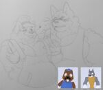 2022 anthro artomu_san barazoku beaver belly big_pecs blush broadside_beach buckteeth bucky_beaver canid canine canis chief_wulf clothing duo eye_contact fluffy graphite_(artwork) heart_symbol hi_res looking_at_another male male/male mammal musclegut muscular muscular_male neck_tuft overalls overalls_pull pecs pencil_(artwork) reference_image rodent sailor_hat shipwrecked_64 smile teeth traditional_media_(artwork) tuft wolf