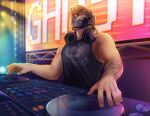  1boy absurdres arm_tattoo bara black_tank_top blonde_hair call_of_duty call_of_duty:_modern_warfare_2 character_name dj earrings ghost_(modern_warfare_2) headphones headphones_around_neck highres jewelry large_pectorals male_focus mask mindiearts mixing_console mouth_mask muscular muscular_male pectorals short_hair solo stage stage_lights tank_top tattoo turntable 