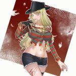  1girl a_nightmare_on_elm_street bishoujo_terror blood bra breasts cleavage cowboy_hat crop_top curvy cutoff_jeans cutoffs cuts freddy_krueger freddy_krueger_(bishoujo_terror) genderswap genderswap_(mtf) green_eyes green_hair hat highres holding holding_knife horror_(theme) injury knife knives_between_fingers large_breasts leaf licking licking_finger licking_knife light_green_hair long_hair multicolored_hair nail_polish okitafuji red_background red_nails scratches shirt short_shorts shorts solo spider_web_print streaked_hair striped striped_shirt thighs tongue tongue_out torn_clothes torn_shirt underwear weapon 