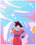  1boy angel angel_wings black_eyes black_hair cloud cloudy_sky dougi dragon_ball dragon_ball_z feathered_wings halo hand_on_own_hip highres long_hair looking_at_viewer muscular muscular_male salute sky smile solo son_goku spiked_hair sweatband veronik_owo white_wings wings 