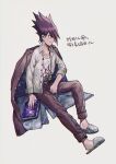  1boy aoki_(fumomo) bangs book closed_mouth commentary_request danganronpa_(series) danganronpa_v3:_killing_harmony dress_shirt facial_hair goatee hair_between_eyes hair_up holding invisible_chair jacket jacket_on_shoulders long_sleeves male_focus momota_kaito open_clothes open_shirt pants pink_pants print_shirt shirt shirt_tucked_in shoes short_hair sitting smile solo space_print spiked_hair starry_sky_print translation_request white_shirt 