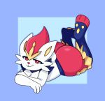 anthro big_breasts big_butt blue_background breasts butt cinderace female fur generation_8_pokemon nintendo pokemon pokemon_(species) samirachuni simple_background smiley_face solo tail thick_thighs white_body white_fur