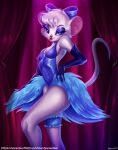 anthro armwear blue_clothing blue_eyes burumisu clothing dancer_outfit disney female fur hi_res mammal miss_kitty_mouse mouse murid murine pinup pose rodent seductive showgirl solo the_great_mouse_detective tight_clothing white_body white_fur