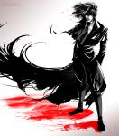  1boy absurdres alucard_(hellsing) artist_name ascot expressionless glowing glowing_eye greyscale hands_in_pockets hellsing highres long_coat male_focus medium_hair monochrome red_eyes solo spot_color toshimichi_yukari web_address 