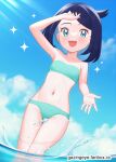  1girl :d arm_up bikini black_hair cloud commentary cowlick day eyelashes gazing_eye green_bikini green_eyes happy highres knees liko_(pokemon) looking_down midriff navel open_mouth outdoors pokemon pokemon_(anime) pokemon_horizons sky smile solo sparkle swimsuit teeth upper_teeth_only wading water water_drop watermark web_address 