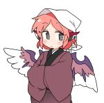  1girl animal_ears bird_ears bird_wings blush brown_kimono closed_mouth grey_eyes hands_in_opposite_sleeves head_scarf ini_(inunabe00) japanese_clothes kimono long_sleeves looking_at_viewer mystia_lorelei pink_hair short_hair simple_background solo touhou upper_body white_background white_headwear white_wings wide_sleeves wings 