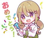  1girl :d blush bow bright_pupils brown_hair chibi collared_shirt confetti denonbu green_scrunchie hair_between_eyes hair_bobbles hair_ornament hairclip holding holding_party_popper kayano_futaba long_hair long_sleeves looking_at_viewer low_twintails lowres nonkomu_(furiten5553) official_art open_mouth outline party_popper purple_eyes red_bow scrunchie shirt sidelocks smile solo translated transparent_background twintails white_outline white_pupils white_shirt wrist_scrunchie 