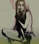  1girl absurdres artist_name bare_shoulders cigar covering_chest covering_privates glasses hellsing highres integra_hellsing invisible_chair long_hair serious short_shorts shorts sitting smoke smoking solo topless toshimichi_yukari very_long_hair 