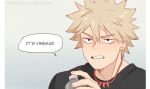  1boy bakugou_katsuki black_shirt blonde_hair boku_no_hero_academia bottle collaboration commentary english_commentary english_text hair_between_eyes kamillyanna long_bangs male_focus red_eyes segmented_comic shirt short_hair solo spiked_hair starrycove t-shirt upper_body vine_(company) water_bottle 