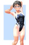  1girl abs absurdres armpits arms_behind_head black_eyes black_hair blue-framed_eyewear blue_swimsuit clothes_writing collarbone competition_swimsuit glasses highleg highleg_swimsuit highres looking_at_viewer muscular muscular_female one-piece_swimsuit original short_hair simple_background solo swimsuit takafumi tan tanlines white_background 