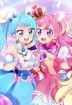  2girls absurdres blonde_hair blue_dress blue_eyes blue_hair blush bow brooch cape commentary crown cure_sky cure_wonderful cut_bangs detached_sleeves dress dress_bow earrings fingerless_gloves frilled_sleeves frills gloves hairband heart heart_brooch heart_hands highres hirogaru_sky!_precure in-franchise_crossover inukai_komugi jewelry light_particles long_hair looking_at_viewer magical_girl mini_crown mitsuki_tayura multicolored_bow multicolored_hair multiple_girls open_mouth pink_bow pink_hair pink_wrist_cuffs pouch precure puffy_detached_sleeves puffy_short_sleeves puffy_sleeves purple_bow purple_eyes purple_wrist_cuffs red_bow red_dress red_headwear short_sleeves sleeveless sleeveless_dress smile sora_harewataru sparkle standing streaked_hair striped_bow tilted_headwear twintails twitter_username two-tone_dress two-tone_hair two_side_up white_dress white_gloves wing_brooch wing_hair_ornament wonderful_precure! wrist_cuffs yellow_hairband 