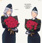  2girls absurdres ak-12_(girls&#039;_frontline) ak-15_(girls&#039;_frontline) alternate_costume alternate_hairstyle black_headwear black_jacket black_skirt blush boosty_username bouquet braid closed_eyes earrings english_commentary english_text flower fsb garrison_cap girls&#039;_frontline gloves grey_hair hair_over_one_eye hat highres holding holding_bouquet j_adsen jacket jewelry mixed-language_commentary multiple_girls open_mouth police police_uniform policewoman purple_eyes red_flower red_lips red_rose rose russian_commentary simple_background skirt smile teeth uniform upper_teeth_only white_gloves 