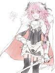  1boy :d armored_skirt astolfo_(fate) black_bow black_shirt black_thighhighs bow braid cape character_name fang fate/apocrypha fate/grand_order fate_(series) fur-trimmed_cape fur_trim garter_straps hair_bow hair_intakes hand_on_own_hip heart highres holding holding_sword holding_weapon long_braid male_focus multicolored_hair nacl. otoko_no_ko pink_hair purple_eyes shirt simple_background single_braid sketch skin_fang smile solo streaked_hair sword thighhighs two-sided_cape two-sided_fabric two-tone_hair weapon white_background white_cape white_footwear white_hair zettai_ryouiki 