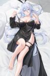 1girl azur_lane bare_shoulders black_coat black_dress blue_eyes blue_hair breasts cleavage coat coat_dress dress hair_between_eyes highres holster knee_up large_breasts light_blue_hair long_bangs long_hair looking_at_viewer lying no_shoes off_shoulder official_alternate_costume on_back open_clothes open_coat pulled_by_self qing_wu rabbit side_slit silo sleeveless sleeveless_dress smile solo sovetsky_soyuz_(azur_lane) sovetsky_soyuz_(skyfall_agent)_(azur_lane) strap_pull thigh_holster white_hair white_rabbit_(animal) 