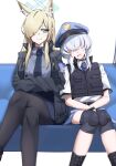  2girls animal_ear_fluff animal_ears aqua_eyes armband asymmetrical_bangs black_gloves black_pantyhose blonde_hair blue_archive blue_headwear blue_necktie blue_shirt bulletproof_vest closed_mouth collared_shirt crossed_arms gloves grey_jacket gunpuu hair_over_eyes hair_over_one_eye halo hat highres jacket kanna_(blue_archive) knee_pads leaning_on_person light_smile long_hair looking_at_another medium_hair multiple_girls necktie open_clothes open_jacket pantyhose parted_lips police_hat saliva shirt sitting sleeping tie_clip valkyrie_police_academy_student_(blue_archive) valkyrie_police_academy_student_(sg)_(blue_archive) white_background white_hair white_shirt 