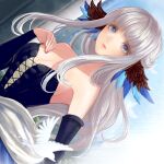  1girl bare_shoulders bird blue_eyes blunt_bangs breasts colored_eyelashes cross-laced_clothes cross-laced_dress dress facing_viewer feathered_wings gwendolyn_(odin_sphere) hand_on_own_chest head_wings ich. light_smile lips long_hair looking_at_viewer medium_breasts multicolored_wings multiple_wings no_choker odin_sphere pink_lips sideboob sleeveless sleeveless_dress solo strapless strapless_dress white_bird white_hair wings 