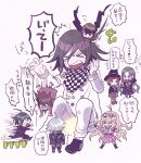  &gt;_&lt; 3boys 4girls ahoge akamatsu_kaede android angry aoki_(fumomo) bangs black_headwear black_jacket black_pants black_skirt brown_hair buttons checkered checkered_scarf chibi commentary_request danganronpa_(series) danganronpa_v3:_killing_harmony double-breasted glasses grey_hair hair_between_eyes hand_up hands_up harukawa_maki hat holding iruma_miu jacket keebo laughing long_hair long_sleeves momota_kaito multiple_boys multiple_girls ouma_kokichi pants pantyhose pink_jacket pink_shirt pink_skirt pointing_at_another power_armor red_skirt running saihara_shuuichi scanner scared scarf shirogane_tsumugi shirt sitting skirt standing straitjacket striped striped_jacket striped_pants translation_request white_pants witch_hat yumeno_himiko 