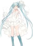  1girl :d animal_ears bare_shoulders blue_eyes blue_hair blue_socks commentary detached_sleeves dress fake_animal_ears feet_out_of_frame floral_background flower hands_up hatsune_miku heart kneehighs long_hair long_sleeves looking_at_viewer lpip sleeveless sleeveless_dress smile socks solo standing twintails very_long_hair vocaloid white_background white_dress white_flower white_sleeves wide_sleeves 