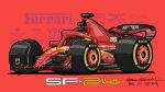  1boy amazon_(company) artist_name car carlos_sainz dated ferrari ferrari_sf-24 formula_one formula_racer helmet motor_vehicle pirelli race_vehicle racecar real_life red_background red_theme shadow shell_(company) sponsor team_azarashi vehicle_focus 