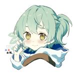  1girl caa15644 coat green_hair highres ivy_(saijaku_tamer) playing_with_own_hair saijaku_tamer_wa_gomi_hiroi_no_tabi_wo_hajimemashita simple_background white_background white_coat yellow_eyes 