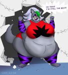 2024 4_toes 5_fingers alexandersie anthro bangs belly big_belly big_breasts black_eyebrows black_nose blue_floor bottomwear breasts canid canine canis claws clothed clothing colored cracked_wall cracks crop_top destroyed_wall destruction dialogue digital_drawing_(artwork) digital_media_(artwork) eyebrows eyelashes eyeshadow feet female finger_claws fingers fist five_nights_at_freddy&#039;s five_nights_at_freddy&#039;s:_security_breach fluffy fur green_claws green_hair grey_hair grey_tail hair hi_res hotpants inside leggings legwear lips long_hair long_tail looking_at_viewer makeup mammal multicolored_body multicolored_fur obese obese_anthro obese_female onehandsomefox overweight overweight_anthro overweight_female partially_clothed pattern_clothing pattern_leggings pattern_legwear purple_claws purple_clothing purple_eyeshadow purple_leggings purple_legwear purple_lips raised_arms red_clothing red_crop_top red_hotpants red_shirt red_topwear roxanne_wolf_(fnaf) rubble scottgames shaded shirt shorts signature solo speech_bubble standing steel_wool_studios striped_armband striped_clothing striped_leggings striped_legwear stripes tail thick_eyebrows thick_thighs toe_claws toes topwear wall_(structure) white_wall wide_hips wolf yelling yellow_eyes