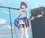  1girl animal_ears bass_guitar black_cardigan black_hair blue_archive blue_sky breasts cac_itinose cardigan cardigan_around_waist clothes_around_waist clothes_writing cloud commentary_request day english_text highres holding holding_instrument holding_microphone instrument kazusa_(blue_archive) mask mask_pull microphone microphone_stand mouth_mask multicolored_hair one_eye_closed open_mouth outdoors pink_hair pleated_skirt railing red_eyes rooftop shirt short_sleeves skirt sky small_breasts solo speaker two-tone_hair white_shirt white_skirt 