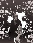  1boy 1girl absurdres aged_down alucard_(hellsing) ascot child dress expressionless flower glasses greyscale hair_flower hair_ornament hair_over_one_eye hand_grab hellsing highres integra_hellsing medium_dress monochrome toshimichi_yukari 