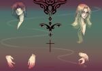  1boy 1girl alucard_(hellsing) blending collarbone cross flat_chest glasses hellsing highres integra_hellsing long_hair looking_to_the_side medium_hair toshimichi_yukari 