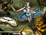  1girl alice:_madness_returns alice_(alice_in_wonderland) american_mcgee&#039;s_alice apron black_hair blood breasts clock closed_mouth dress green_eyes jewelry knife linghetuen long_hair looking_at_viewer necklace pantyhose solo striped striped_legwear watermark weapon web_address 