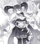  1girl areolae armor bangs blush breasts closed_mouth commentary_request emon-yu eyebrows_visible_through_hair eyes_visible_through_hair feet_out_of_frame genetic_(ragnarok_online) hair_between_eyes horns kneehighs living_clothes looking_at_viewer medium_breasts monochrome multiple_views navel open_mouth pauldrons purple_theme ragnarok_online sharp_teeth short_hair shoulder_armor skirt smile teeth tentacles 