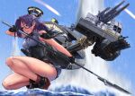  1girl black_gloves black_skirt breasts buttons day empty_eyes eyebrows_visible_through_hair glaive gloves holding holding_weapon kantai_collection large_breasts machinery mechanical_halo ocean outdoors pleated_skirt polearm purple_eyes purple_hair red_ribbon remodel_(kantai_collection) ribbon rigging rudder_footwear short_hair skirt sky solo tatsuta_(kancolle) torpedo torpedo_tubes weapon wet wet_clothes zombie_mogura 