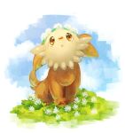  brown_eyes cloud commentary_request day flower flower_wreath gen_5_pokemon grass highres kikuyoshi_(tracco) lillipup looking_up no_humans outdoors pokemon pokemon_(creature) sitting sky solo white_flower 
