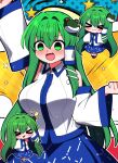  &gt;_&lt; 1girl :3 absurdres arm_up closed_eyes detached_sleeves fang frog_hair_ornament green_eyes green_hair hair_ornament hair_tubes highres jumping kochiya_sanae long_hair open_mouth single_hair_tube skin_fang smile snake_hair_ornament solo touhou v-shaped_eyebrows you_(noanoamoemoe) 